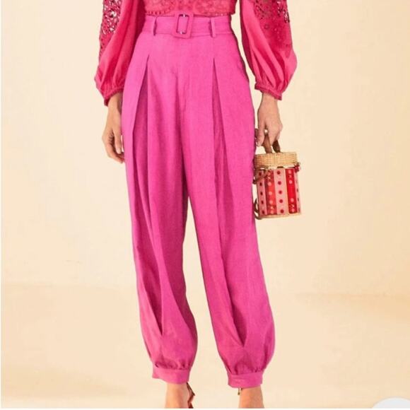 Farm Rio Pink High Waist Linen Pleated Cuffed Hem Waist Belt Taper Pants S - Picture 7 of 10
